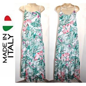 ELENA BALDI Tropical Airy Silk-Blend Braided Straps Tiered 54"Long Maxi Dress XL